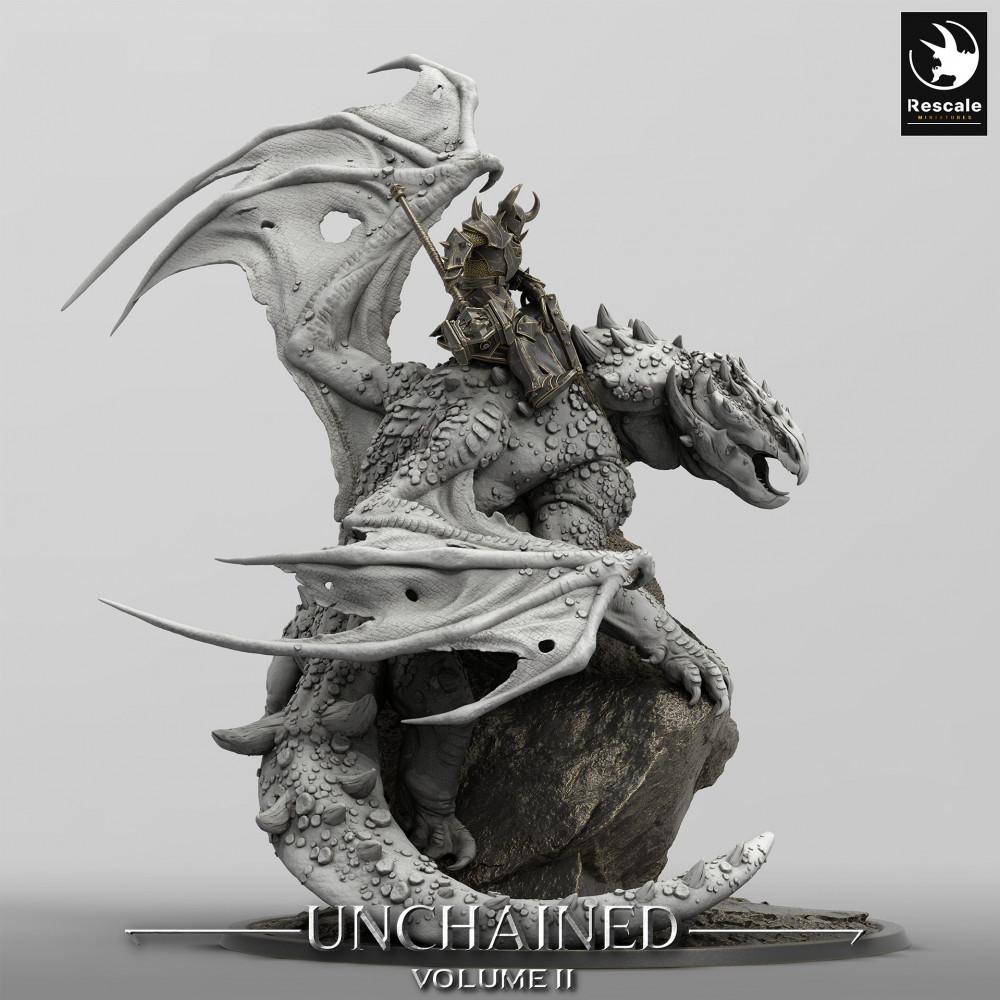 Produktfoto Tabletop 28mm Lord of the Print (LotP) 0: Tabletop Miniatur: Drachenreiter / Dragon Rider auf Wyvern, Kriegsherr in Plattenrüstung mit Kriegshammer, Boss-Monster mit Vulkan-Diorama-Base (24_05_K1)