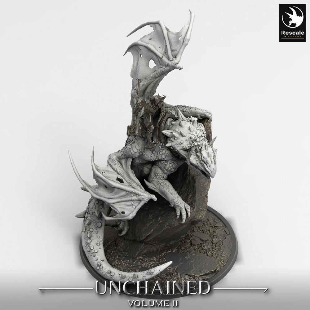 Produktfoto Tabletop 28mm Lord of the Print (LotP) 0: Tabletop Miniatur: Drachenreiter / Dragon Rider auf Wyvern, Kriegsherr in Plattenrüstung mit Kriegshammer, Boss-Monster mit Vulkan-Diorama-Base (24_05_K1)